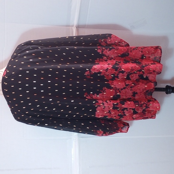 A black and dark red floral printed blouse with gold dotted overlay design. - Picture 4 of 5